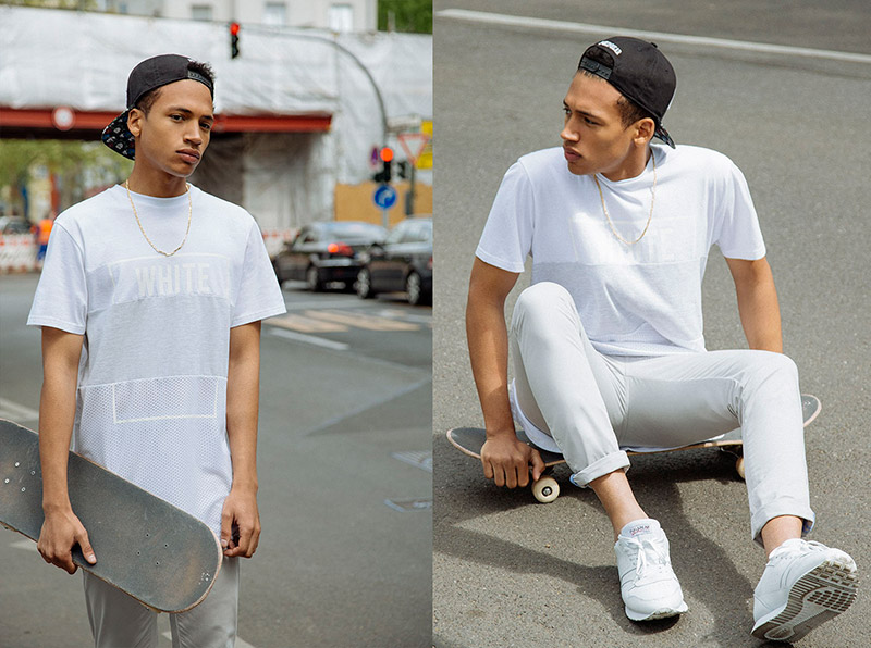 » Henry Pedro-Wright Dons Youthful White Fashions for Pull & Bear Pull Bear 2015 White Mens Fashions Sporty Henry Pedro Wright 002