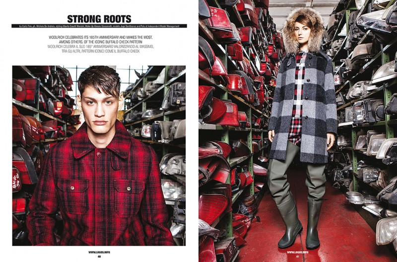 Model Iago Santibanez sports buffalo check fashions from Woolrich's latest collection.