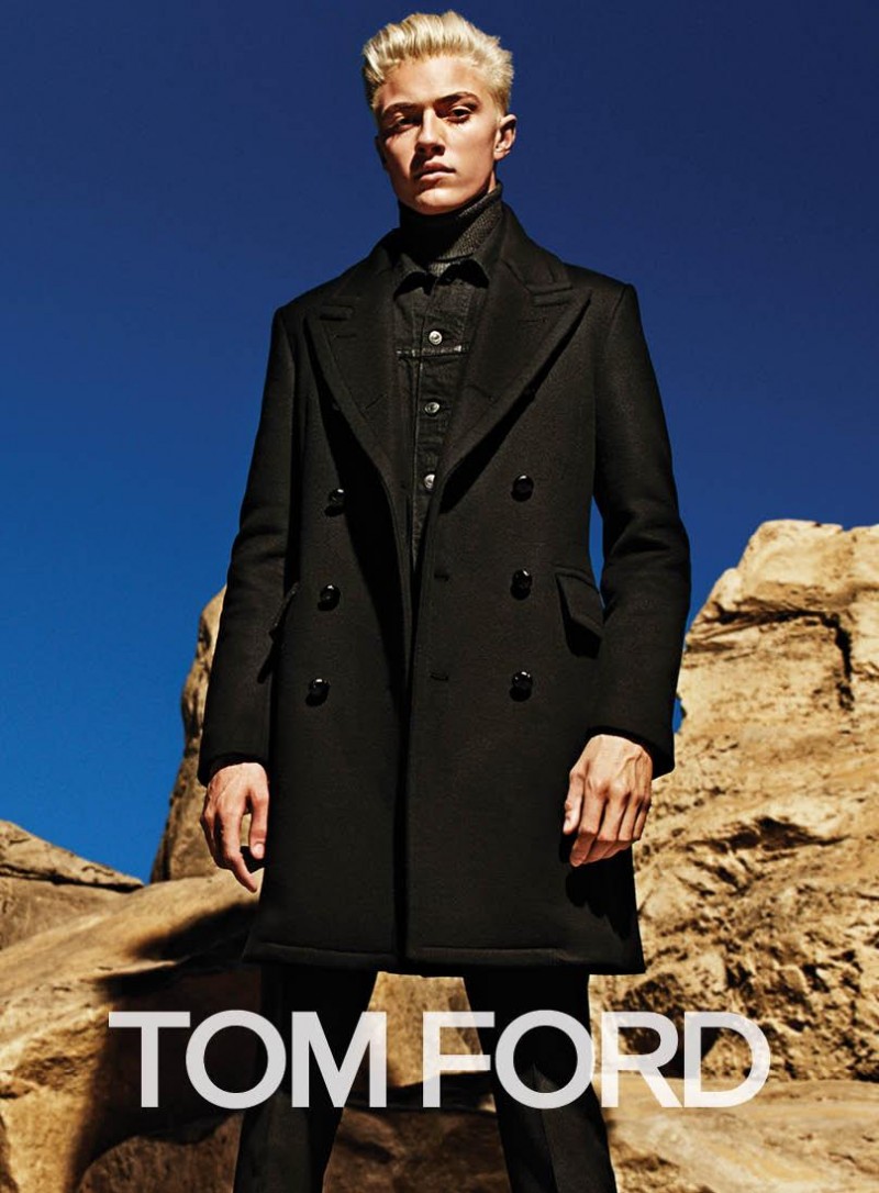 Lucky Blue Smith models a double-breasted coat for Tom Ford's fall-winter 2015 advertising campaign.