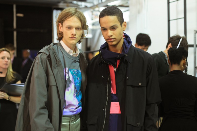 Models backstage at Richard Chai's spring-summer 2016 menswear show