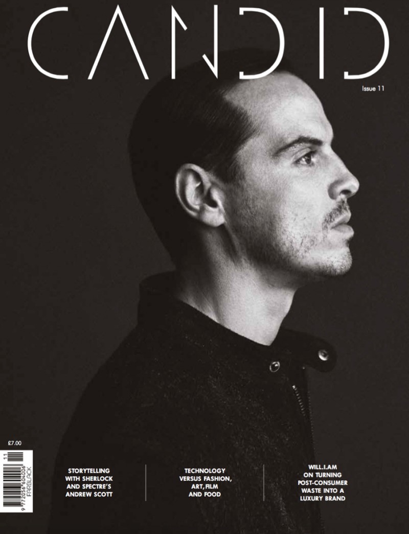 Andrew Scott covers Candid magazine wearing suede jacket Levi's Made & Crafted and jumper John Smedley.