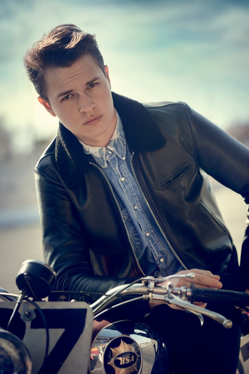 Ansel Elgort pictured in a leather jacket for Teen Vogue