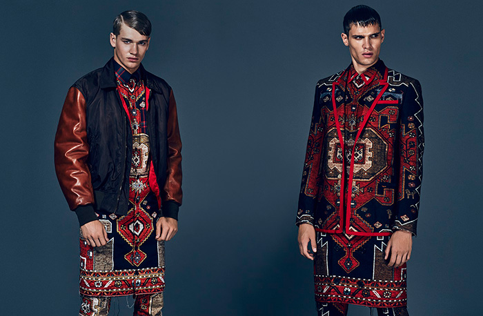 Models Liam Vandiar and Matty Carrington embrace prints in fall 2015 Givenchy.