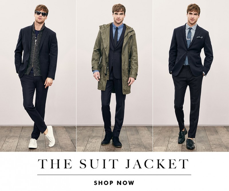 Model George Alsford shows ways to wear Banana Republic's modern slim tuextured navy wool suit jacket.