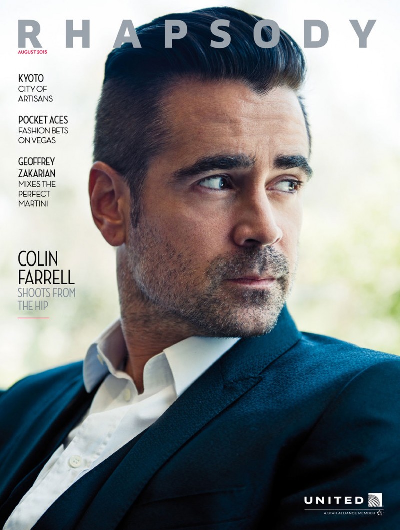 Colin Farrell covers the August 2015 issue of Rhapsody magazine. Photographed by Michael Muller, Farrell poses for relaxed images in sharp sportswear.