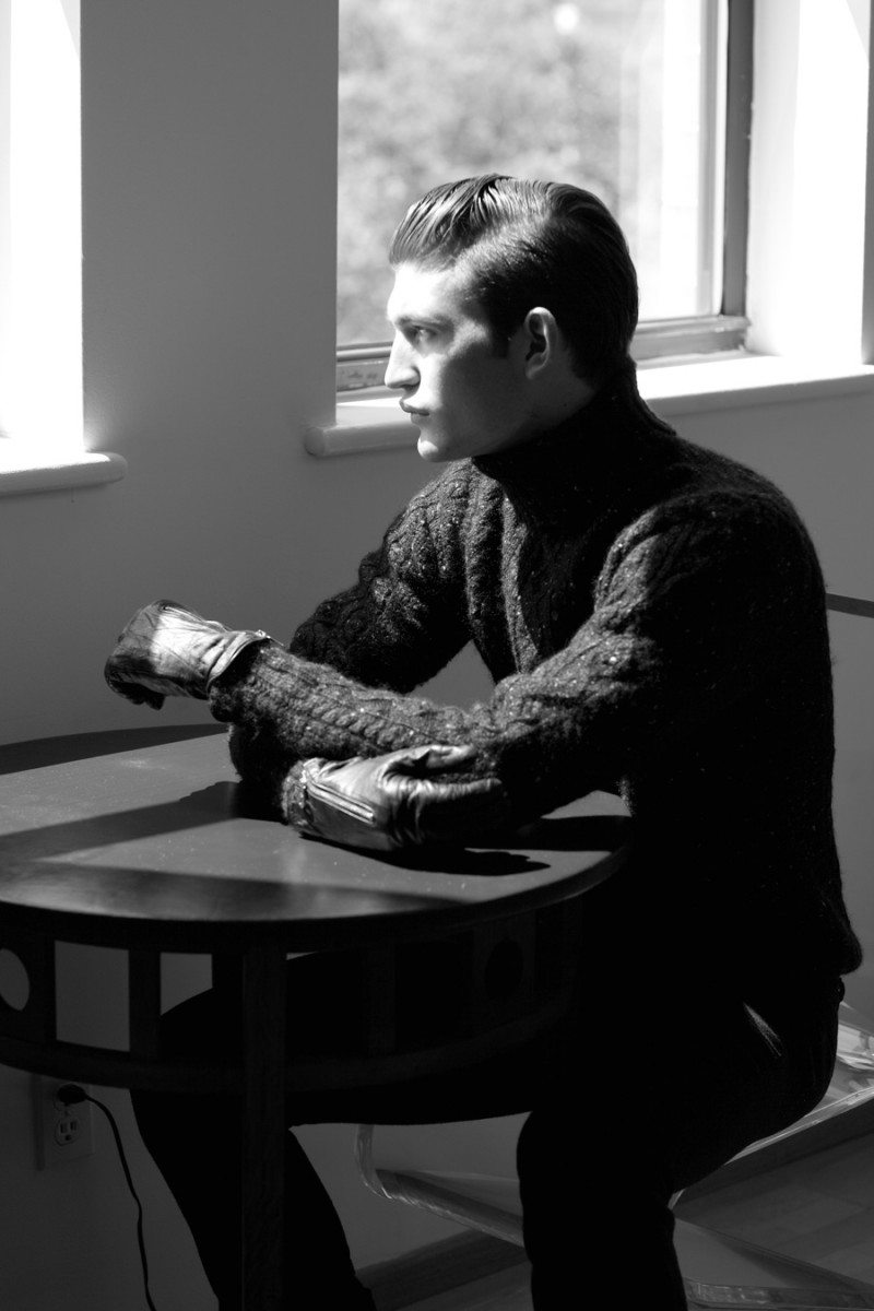 Dylan wears turtleneck RRL by Ralph Lauren, trousers Ann Demeulemeester and gloves stylist's own.