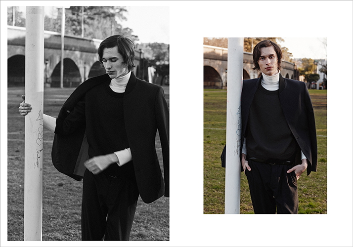 Jordan wears turtleneck Topman, sweatshirt G-Star Raw, blazer River Island, belt and pants Acne Studios.