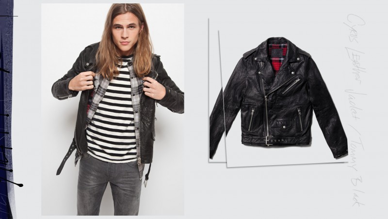 Model Malcolm Lindberg rocks Hilfiger Denim's leather biker jacket with skinny jeans and a striped tee.