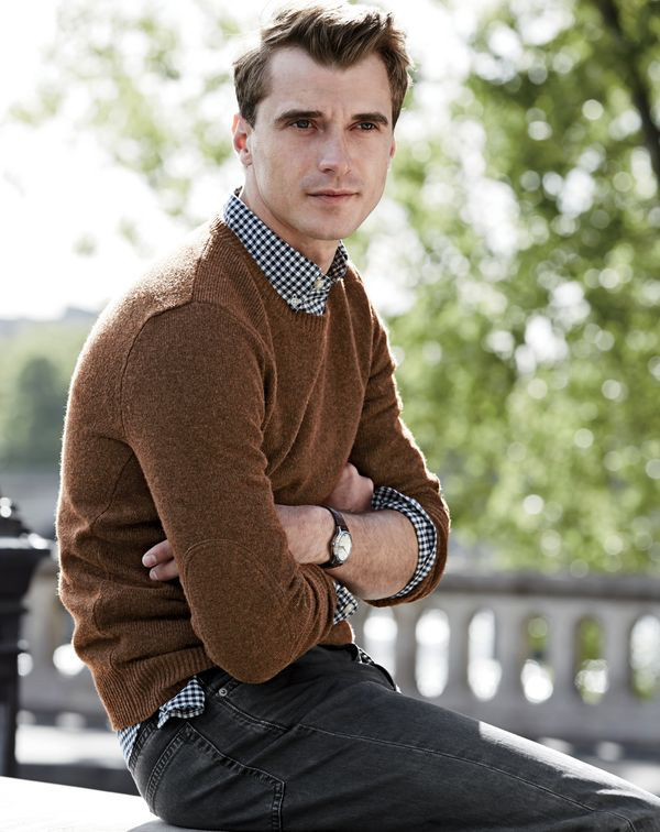 Clément Chabernaud wears a smart shirt and sweater look from J.Crew.