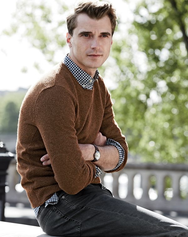 Clément Chabernaud wears a smart shirt and sweater look from J.Crew.