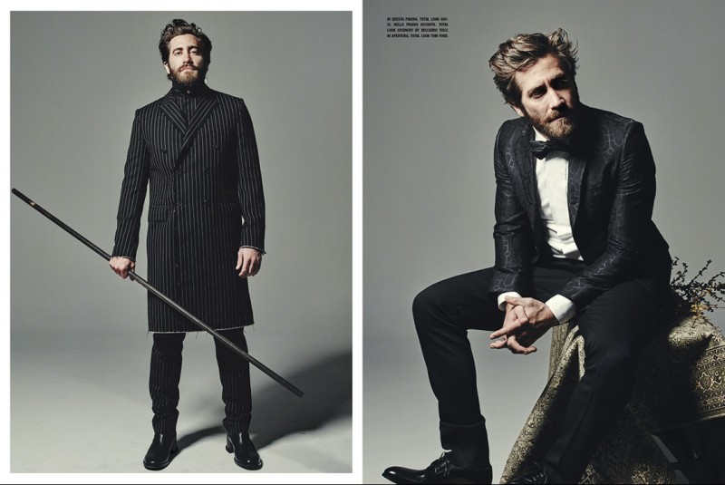 Left: Jake Gyllenhaal wears a pinstripe number from Givenchy. Right: Jake Gyllenhaal cleans up in a Gucci tuxedo.