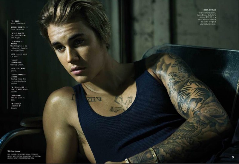 Justin Bieber Wifebeater Arm Tattoos Cosmopolitan Shoot