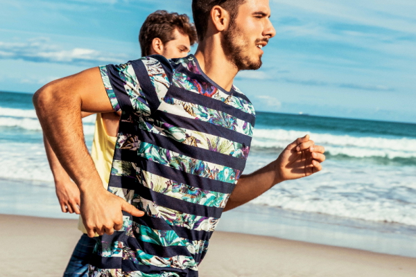 Lucas Bernardini is front and center in a playful, graphic take on the striped t-shirt.