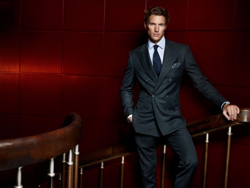 Shaun DeWet models a double-breasted suit for Massimo Dutti.