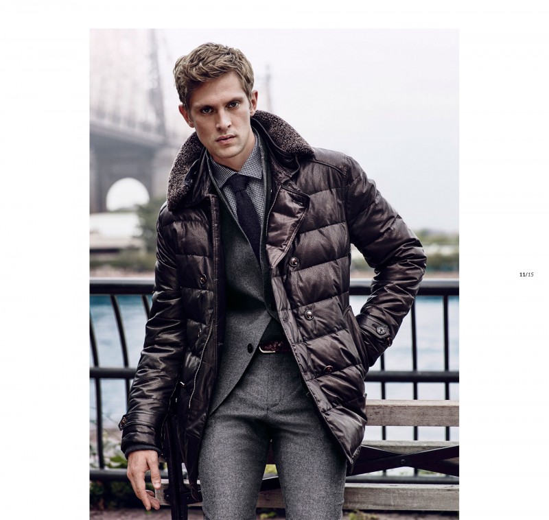 Mathias Lauridsen dons a quilted jacket over a trim, tailored suit.