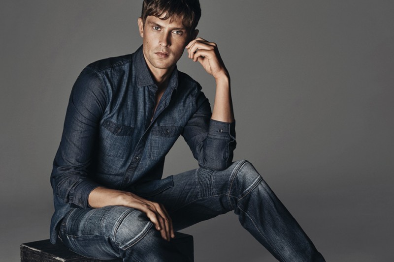 Mathias Lauridsen wears a double-denim look for the fall-winter 2015 campaign of Express.