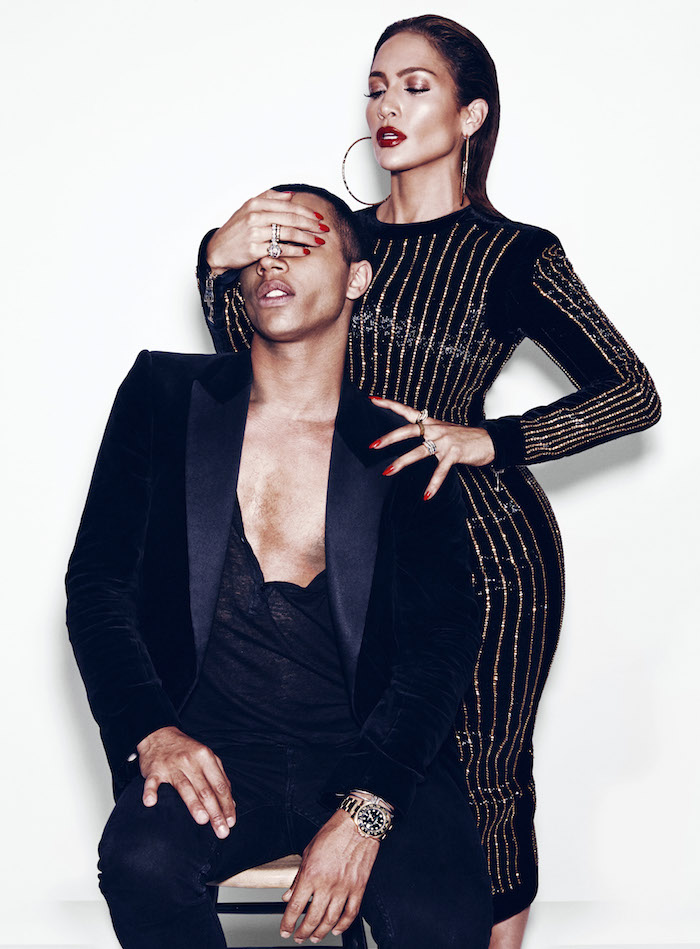 Balmain creative director Olivier Rousteing poses with Jennifer Lopez for Paper.