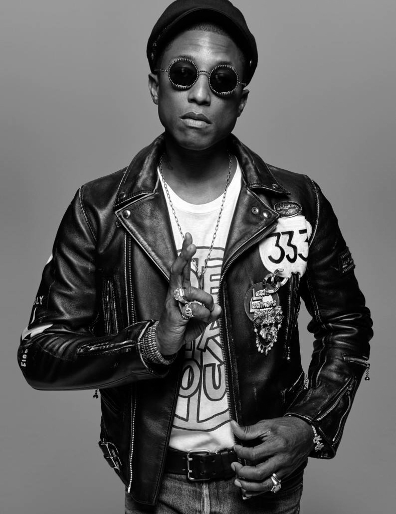Pharrell Williams dons a leather jacket and shades for Harper's Bazaar Man Korea's September 2015 Issue