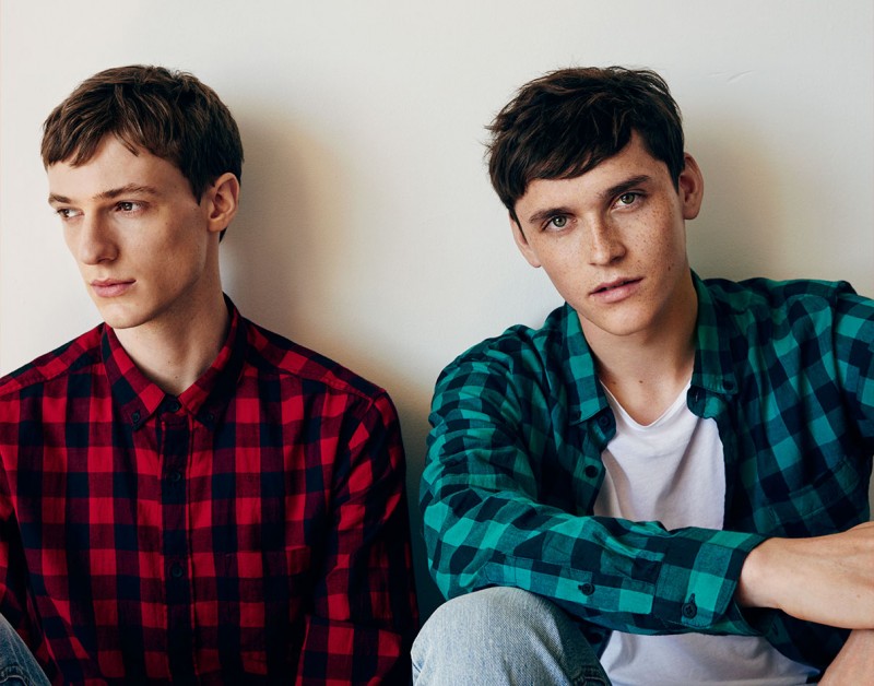 Models Tommaso de Benedictis and Anders Hayward sport Pull & Bear buffalo check shirts.