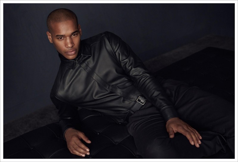 Sacha M'Baye models a leather shirt from Network's fall-winter 2015 collection.