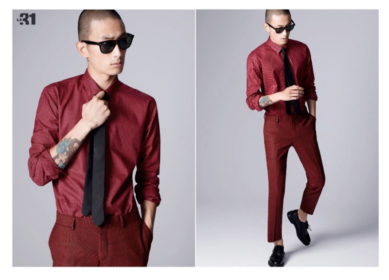 Model Sung Jin Park embraces red for a modern shirt and tie look.