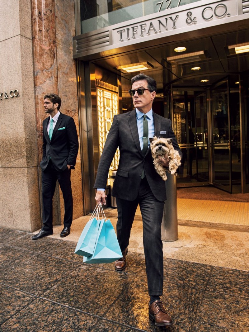 Donning a pinstripe suit, Stephen Colbert is photographed outside Tiffany & Co.