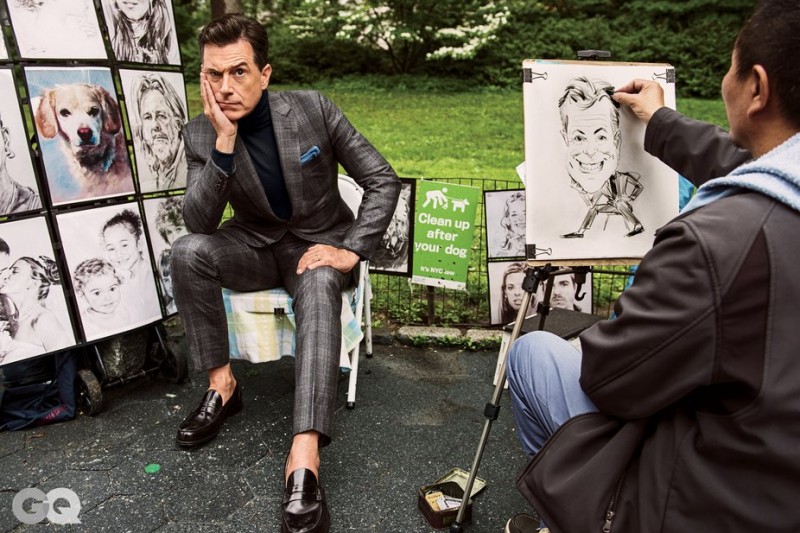 Sporting a turtleneck underneath a suit, Stephen Colbert poses for a caricature.