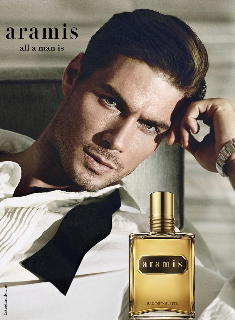 Model Sahib Faber fronts Aramis' fragrance campaign. Posing in a tuxedo shirt, Sahib is styled by Michael Nash and photographed by Greg Lotus.