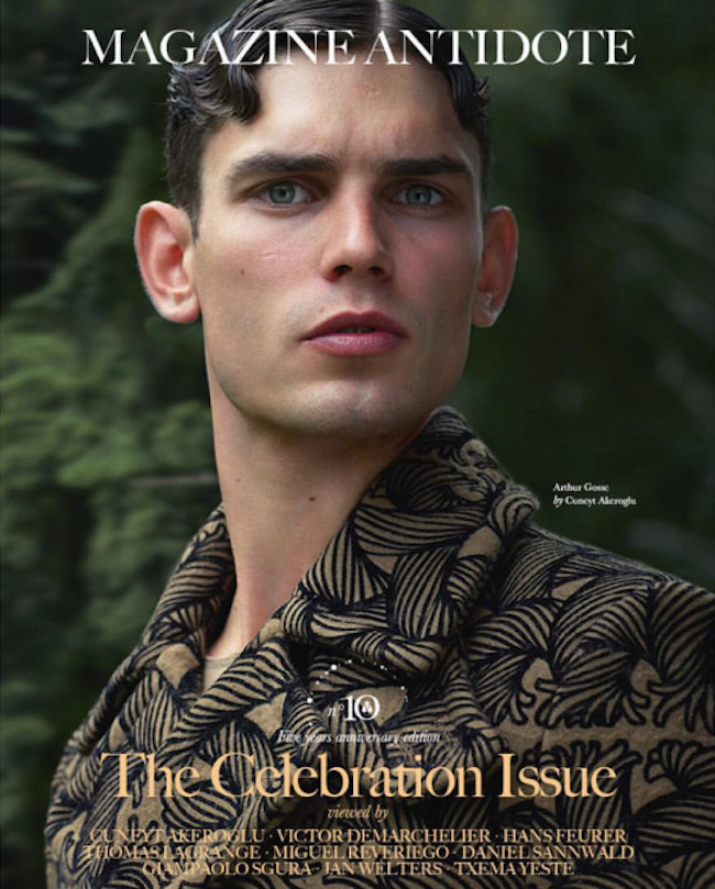 After gracing the pages of Antidote last year, French model Arthur Gosse lands a cover for the magazine. Photographed by Cuneyt Akeroglu, Arthur is pictured outdoors as he dons a printed coat from Louis Vuitton.