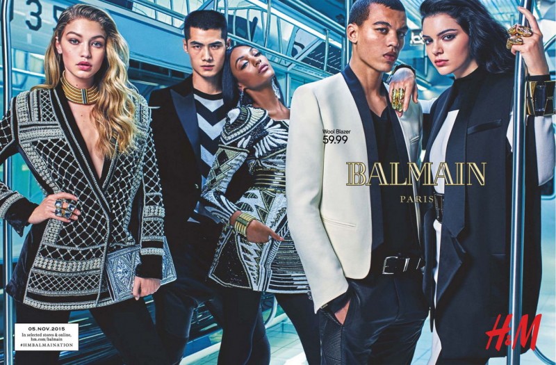 Gigi Hadid, Hao Yun Xiang, Jourdan Dunn, Dudley O'Shaughnessy and Kendall Jenner come together for Balmain x H&M's campaign.  Posing on a train, the model lot are photographed by Mario Sorrenti. H&M's anticipated Balmain collection hits stores November 5, 2015.