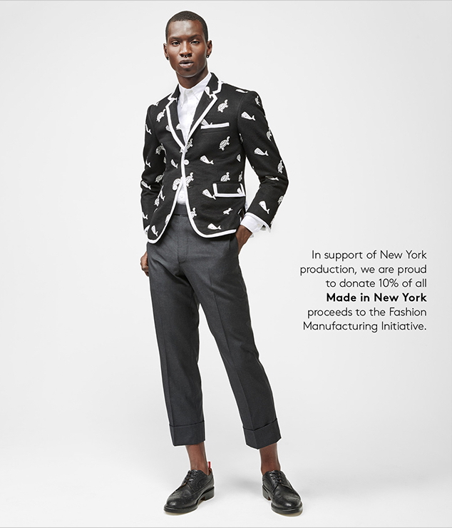 Adonis Bosso models Thom Browne's look for Barneys' Made in New York collection.