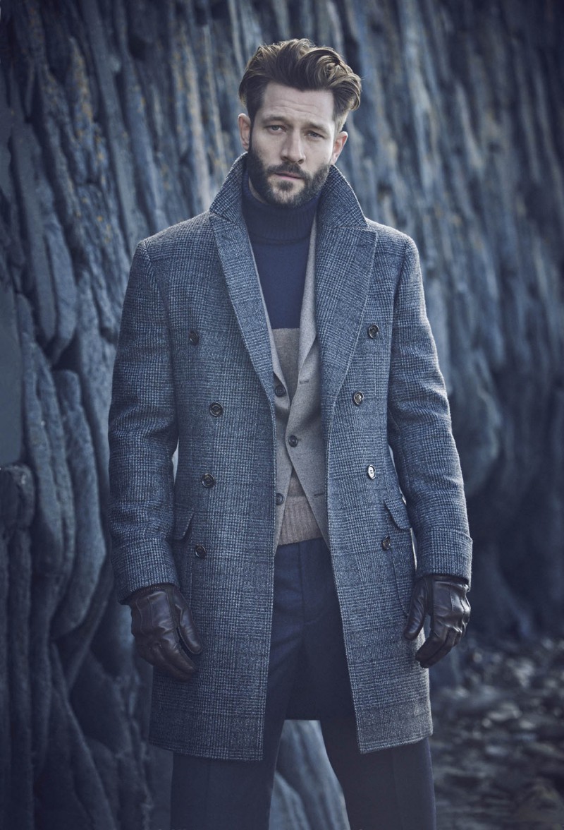 John Halls models a double-breasted Brunello Cucinelli plaid coat from Bergdorf Goodman.