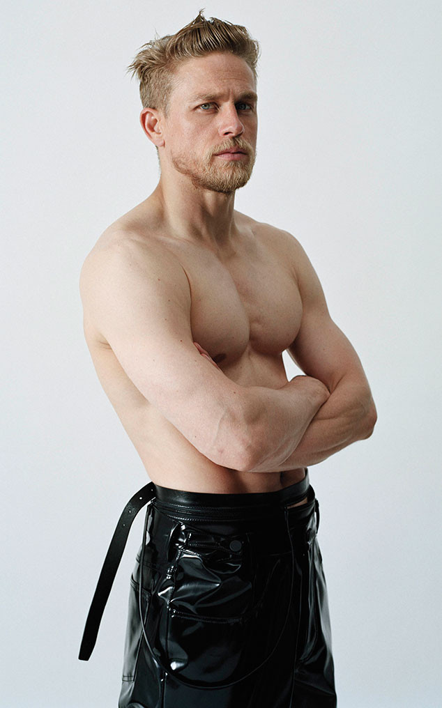 Charlie Hunnam goes shirtless in a modern kilt-inspired style.