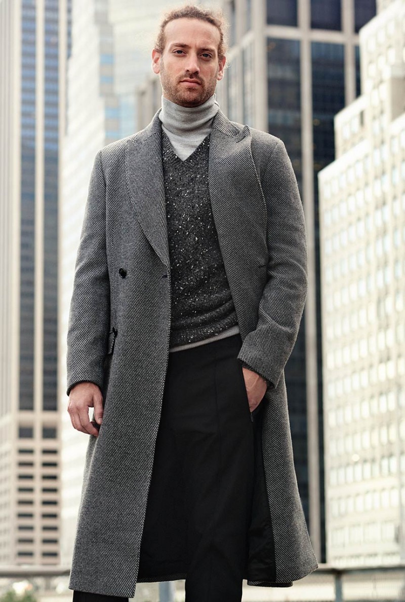 Matthew Avedon gets an added layer of warmth with a turtleneck.