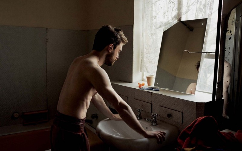 Daniel Radcliffe goes shirtless for a bathroom image.