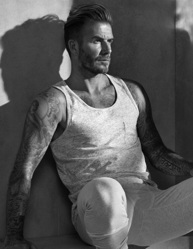 David Beckham models a singlet and longjohns from his H&M Bodywear collection.