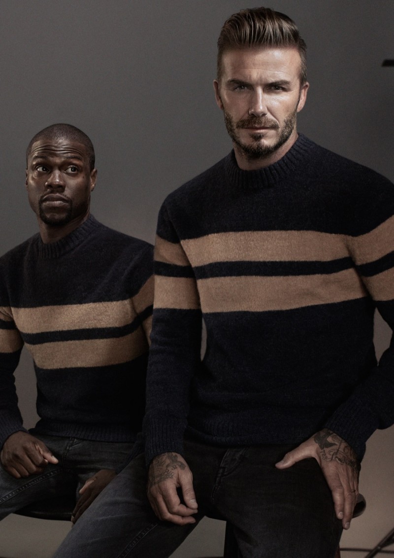 Kevin Hart and David Beckham have a twin moment in a color blocked H&M sweater.