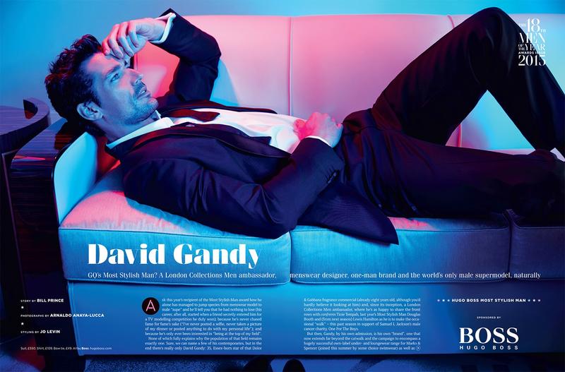 Styled by Jo Levin, David Gandy wears a BOSS by Hugo Boss tuxedo.