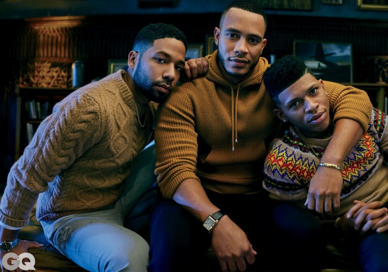 Jussie Smollett, Trai Byers and Bryshere Grey embrace in sweaters.