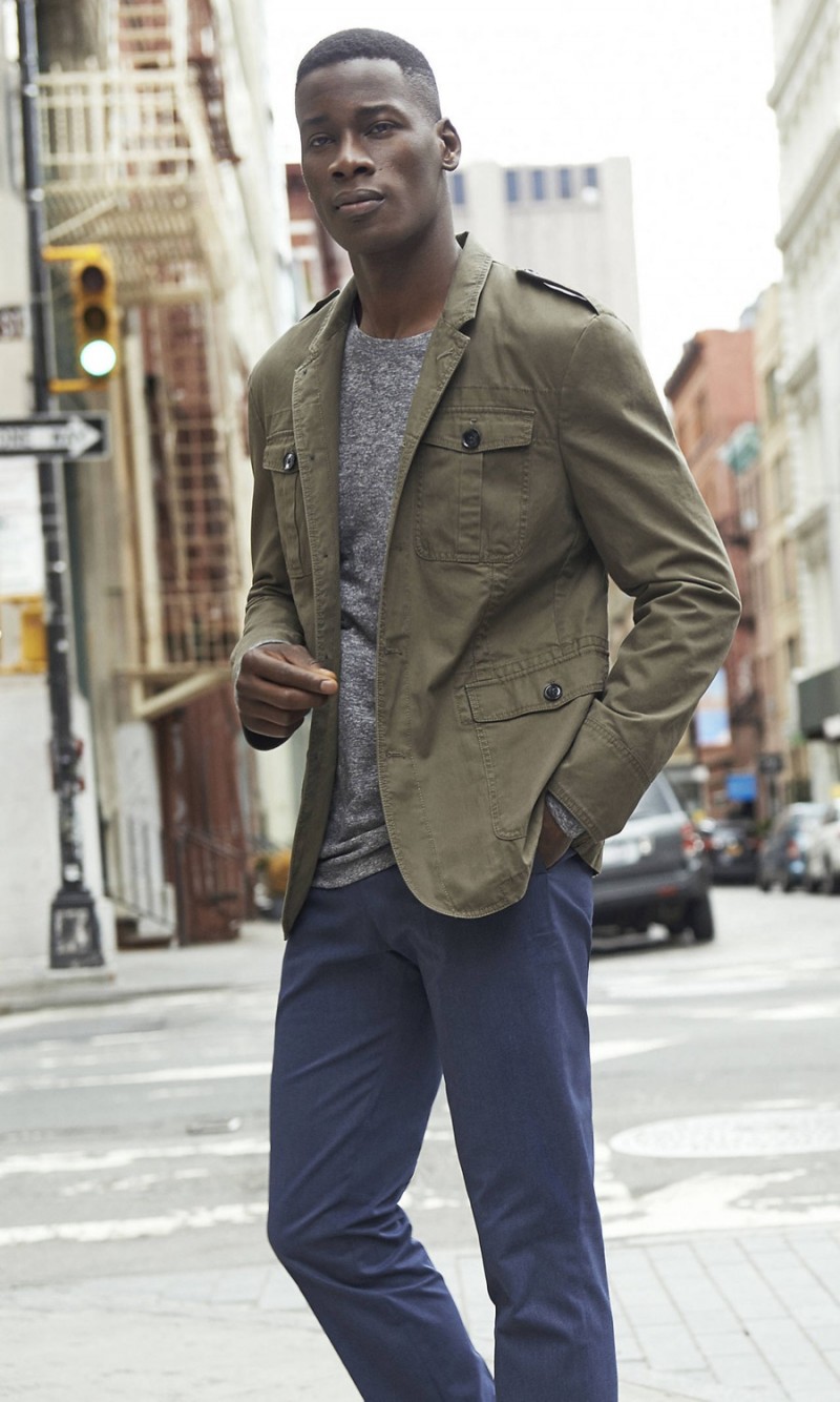 David Agbodji embraces the military trend with an epaulette adorned blazer from Express.