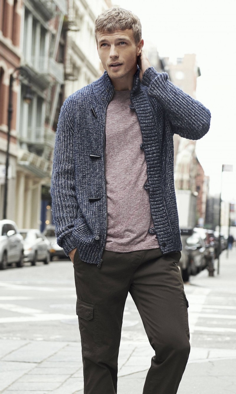 Benjamin Eidem models a toggle knit sweater from Express.