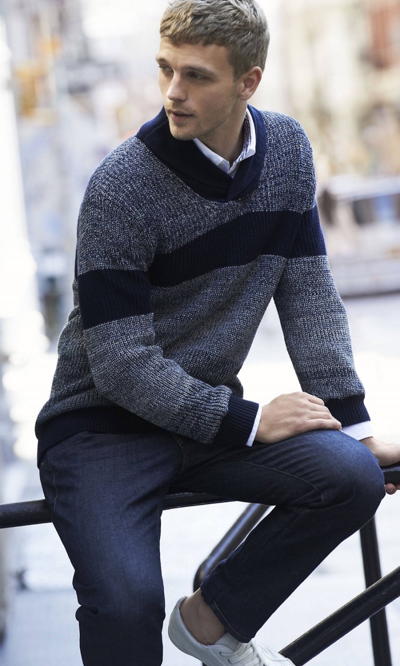 Benjamin Eidem relaxes in Express' shawl neck sweater.