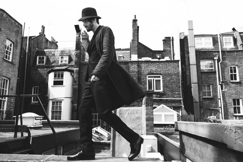 Michiel wears hat Borsalino, coat Lanvin, trousers Roberto Cavalli, coat Helmut Lang and shoes Jil Sander.