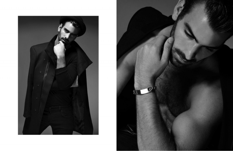 Left: Nyle wears coat Zara, shirt Levi's, jeans Rag & Bone and hat Patricia Field. Right: Nyle wears blazer AllSaints and bracelet ASOS.