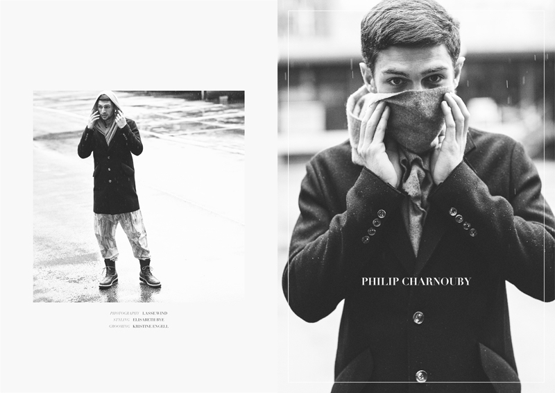 Philip wears coat Soulland, pants Henrik Vibskov, scarf Wood Wood and boots Filippa K.