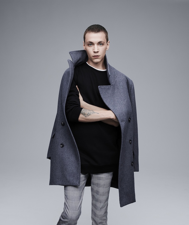 Yuri Pleskun models an oversized coat for Forever 21's fall-winter 2015 men's campaign.