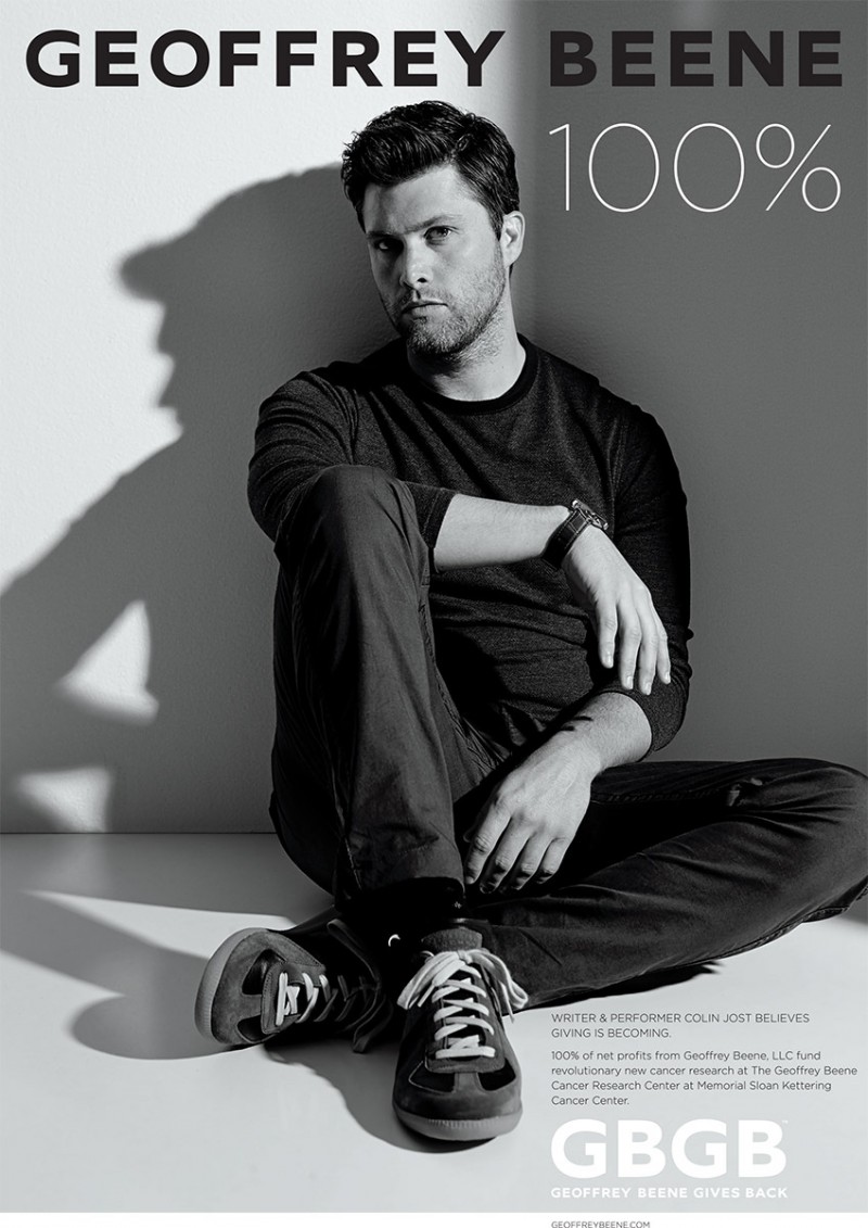 Actor and writer Colin Jost stars in Geoffrey Beene's fall-winter 2015 advertising campaign. The outing was lensed by photographer Richard Phibbs. The advertisement promotes Geoffrey Been Gives Back, which provides funding for cancer research at The Geoffrey Beene Cancer Research Center.