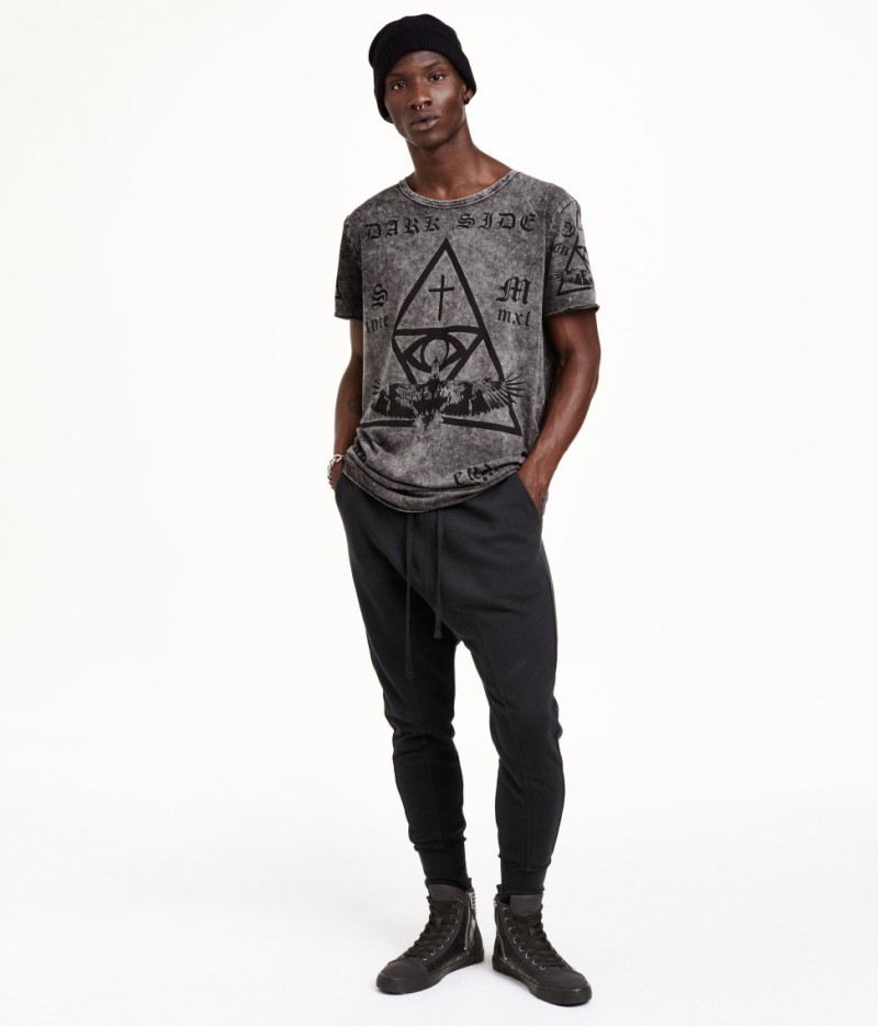 Adonis Bosso models H&M Men drop crotch sweatpants.