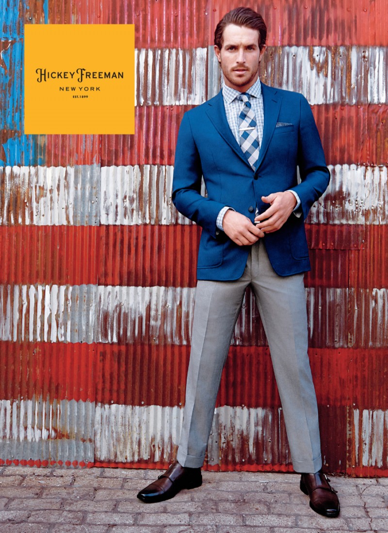Justice Joslin charms in a blue suit jacket and gray trousers for Hickey Freeman's fall-winter 2015 campaign.
