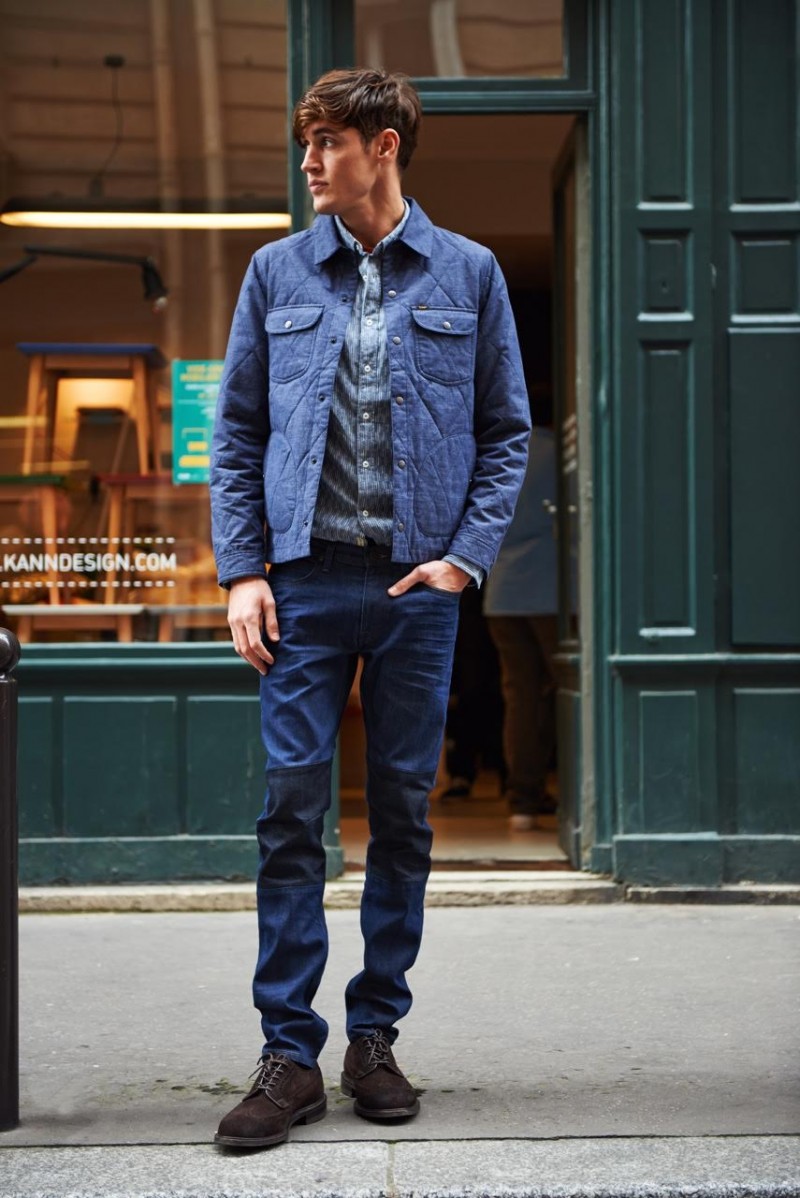 Wearing a quilted shirt jacket, Isaac Carew embraces a workwear inspired look from Lee.